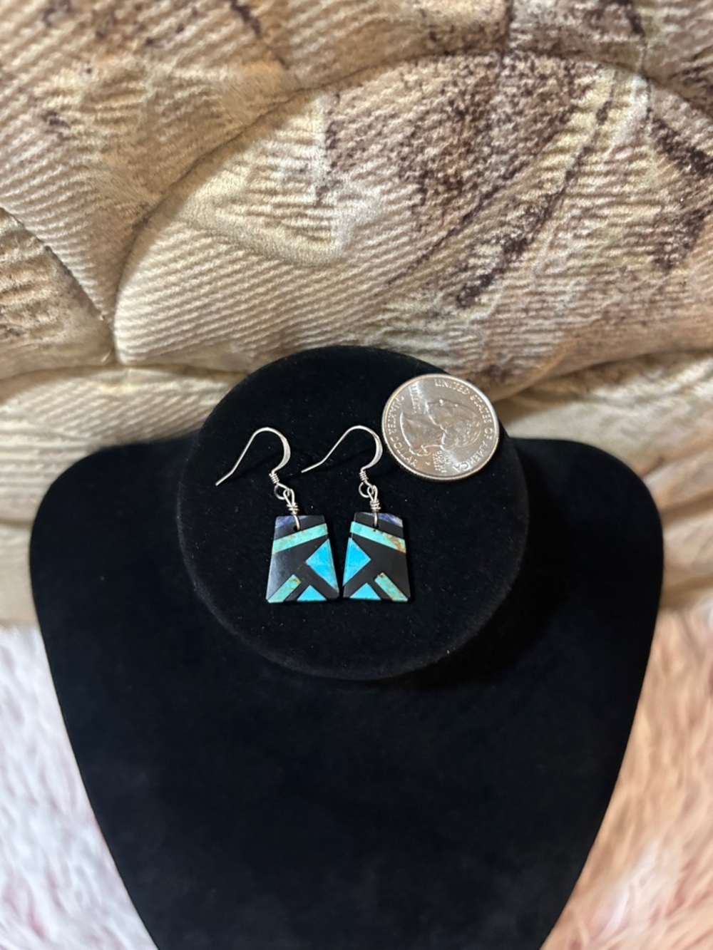 Vintage FC 925 Sterling Silver Stone Inlay Dangle Earrings